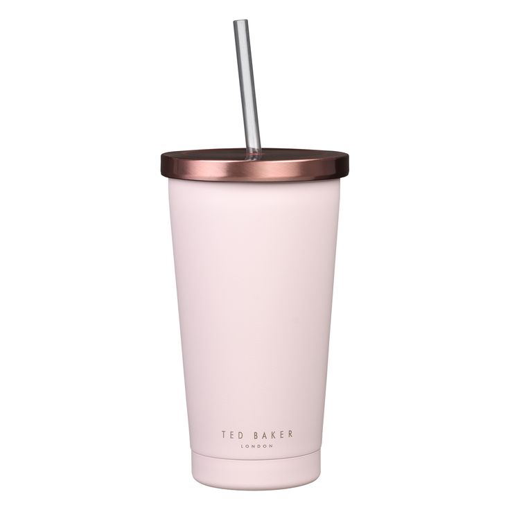 a pink tumbler cup with a straw in it