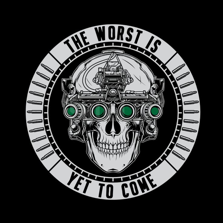 the worst is yet to come skull with goggles on it's head and green eyes