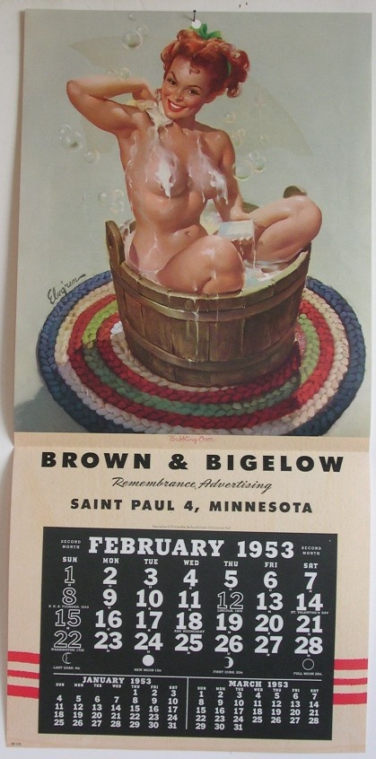 an old advertisement for brown and bigelow's bathtub, featuring a naked woman in a tub