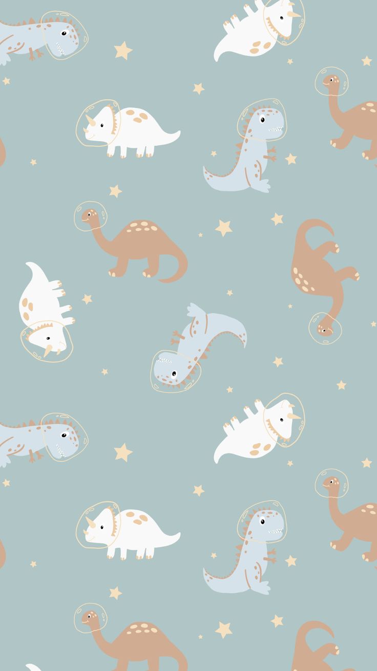 an image of dinosaurs and stars on a blue background for wallpaper or wrapping paper