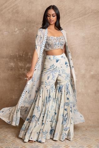 Shop for Arpita Mehta Blue Crepe Silk Floral Print Cape And Sharara Set for Women Online at Aza Fashions Traditional 3 Piece Dress, 3 Piece Dresses For Women, Sharara And Cape, Crop Top Sharara Set With Shrug, 3 Piece Outfit Women Indian, Two Piece Outfits Traditional, 3 Piece Set Outfit Women Traditional, 3 Piece For Women Traditional, Cape Sharara Set