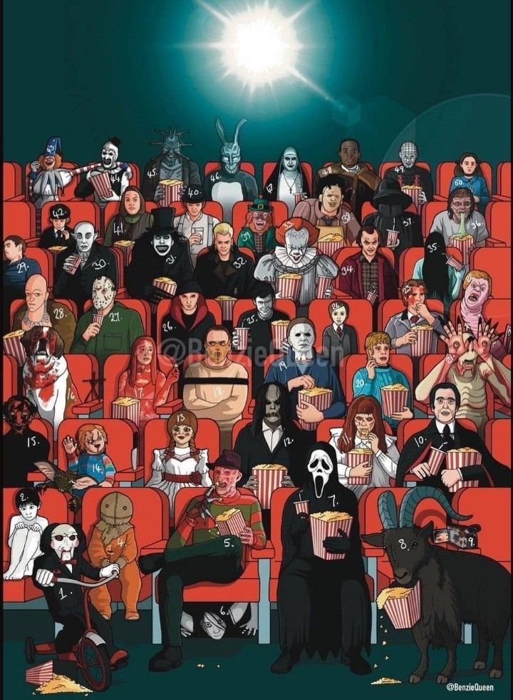 a crowd of people sitting in front of a movie theater with masks on their faces