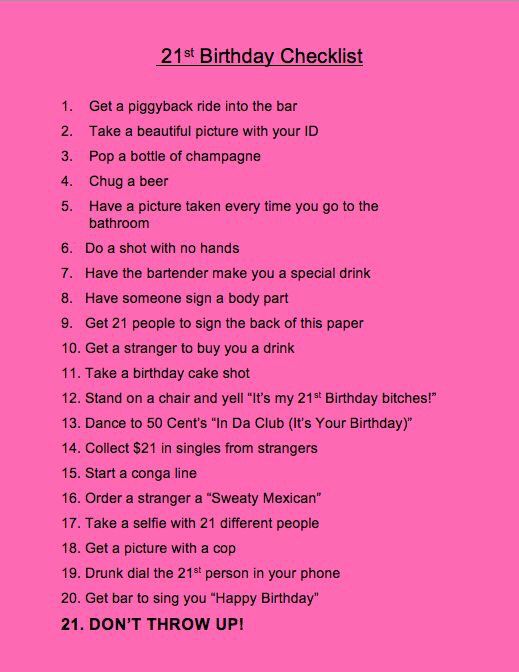 a pink birthday checklist with the text 21st birthday checklist