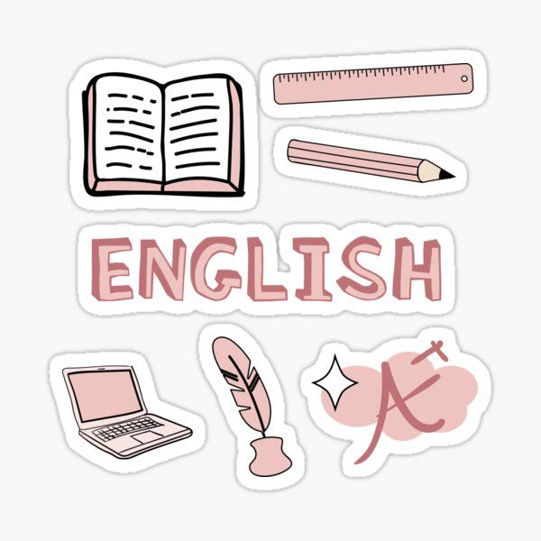 an english sticker set with books, pencils, and other items on it