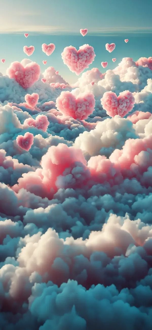 the sky is filled with pink hearts floating in the air above some fluffy white clouds