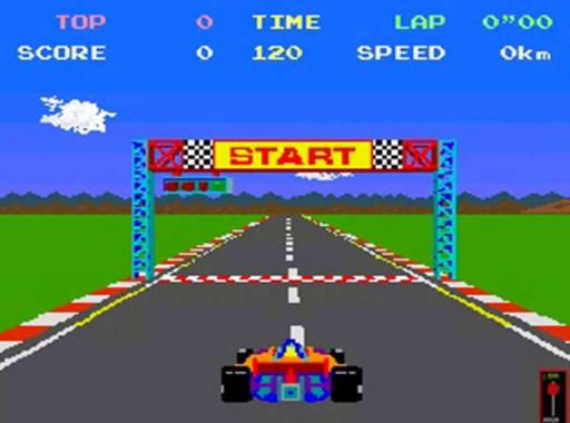 an old - school computer game with a race car driving down the road in front of a sign that says start