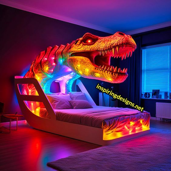 a bed that has a lit up dinosaur head on top of it in a bedroom