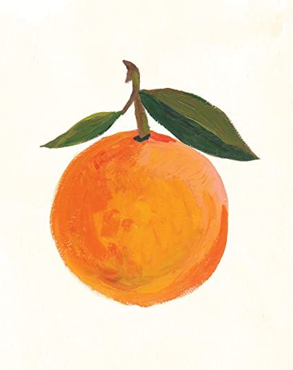an orange with green leaves on it is shown in this painting by artist susan grisell