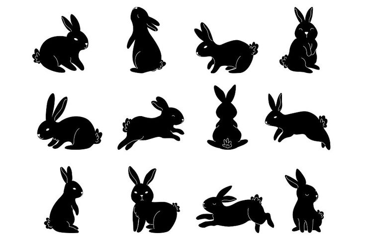 black silhouettes of rabbits sitting and standing on their hind legs, with different positions