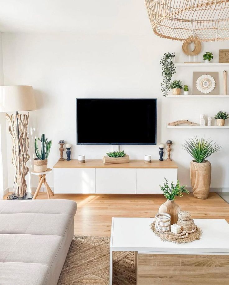 a flat screen tv sitting on top of a wooden shelf next to a potted plant