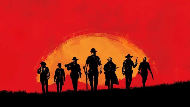 the lone ranger movie poster with six silhouettes in front of an orange sun and red sky