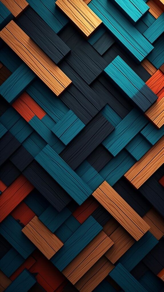 an abstract background made up of wooden planks in different colors and sizes, including blue,