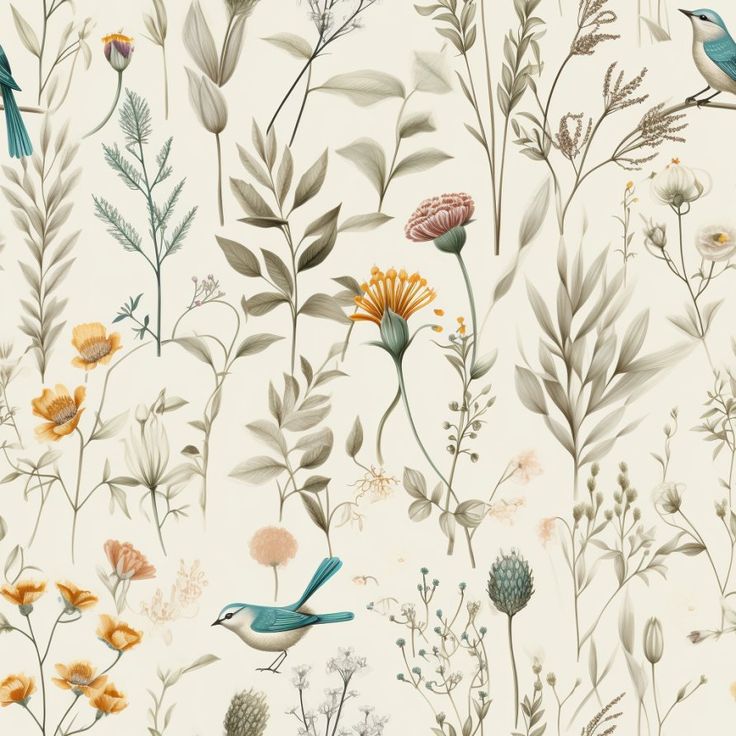 a wallpaper with flowers and birds on it