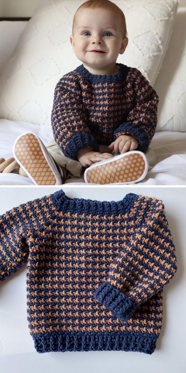 a baby sitting on top of a bed next to an image of a knitted sweater