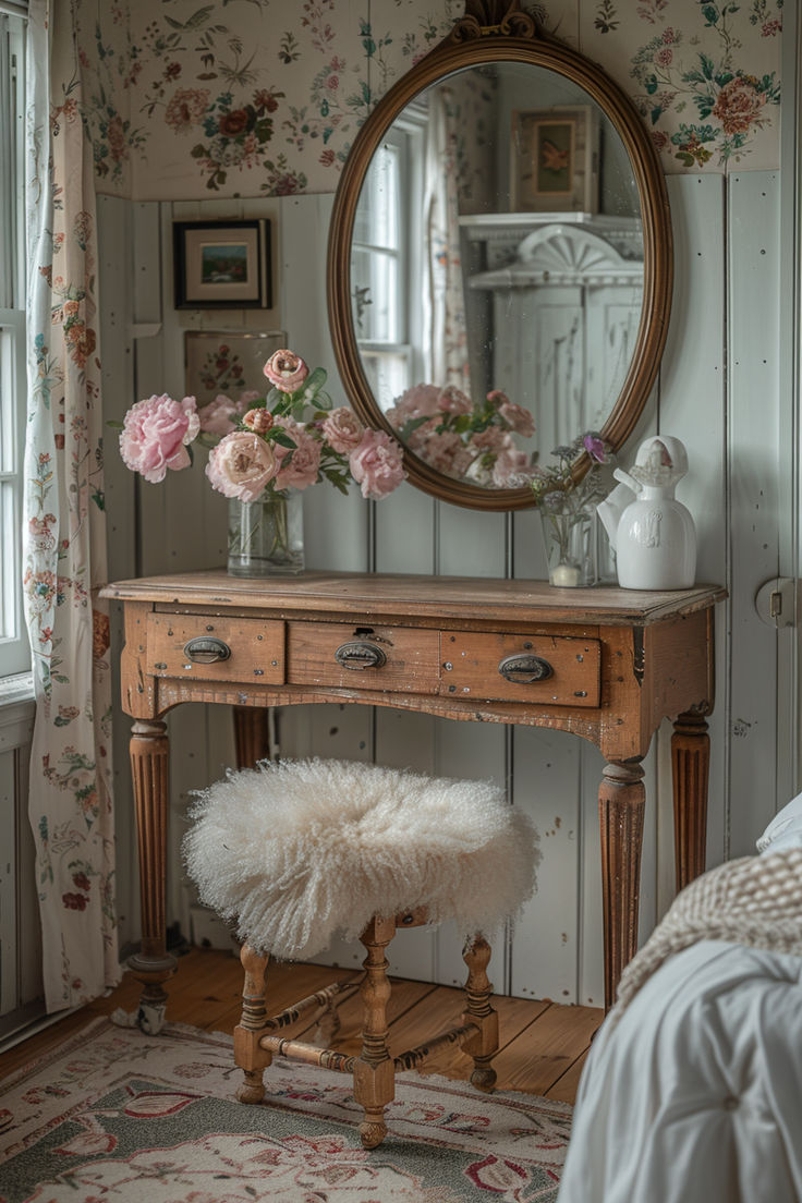 vintage farmhouse bedroom, neutral bedroom, vintage bedroom, farmhouse bedroom, bedroom inspo Bedroom Pillar Decor, Vintage Bedroom Inspo Aesthetic, Antique Ideas For Home, Vintage House Interior Aesthetic, Cosy Cottage Bedroom Ideas, How To Style Home Decor, Vintage Pink Interior, Desks In Bedroom Vintage, Vintage French Farmhouse Decor