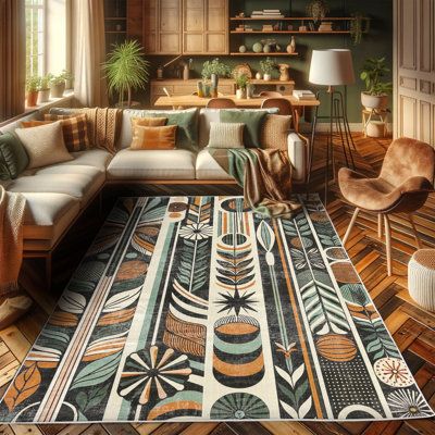 a living room filled with lots of furniture next to a large rug on top of a hard wood floor
