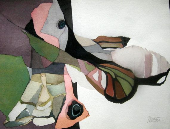 an abstract painting with different colors and shapes on it's surface, including leaves