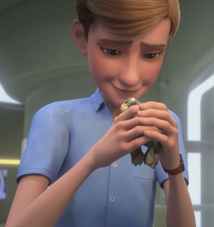 the animated character is holding a bird in his right hand and smiling at the camera