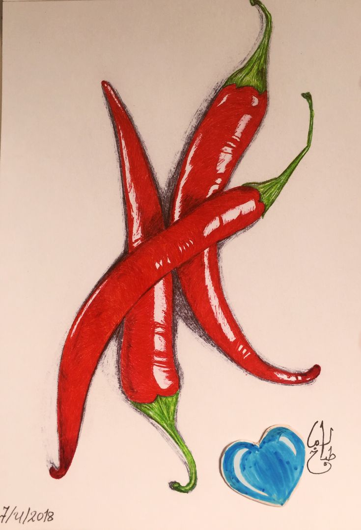 a drawing of two red chili peppers with a blue heart