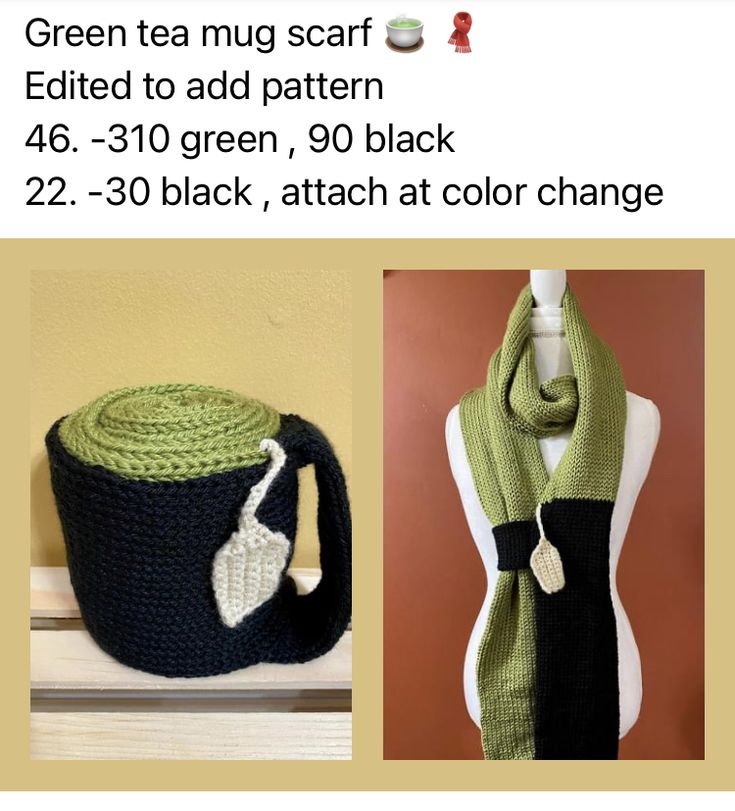 two knitted teapots, one green and the other black with a white cat on it