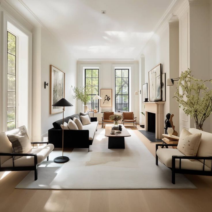 a living room filled with lots of furniture next to a fire place in a house