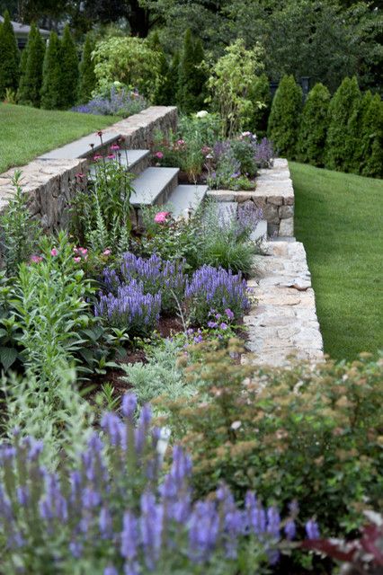 an outdoor garden with stone steps and flowers in the foreground, surrounded by greenery