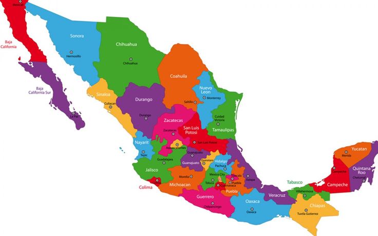 a map of mexico with all the states and their capital cities in bright colors on a white background