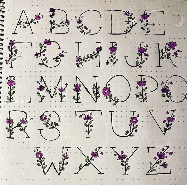 the letters and numbers are decorated with purple flowers on white notebook paper, which is lined in black dots