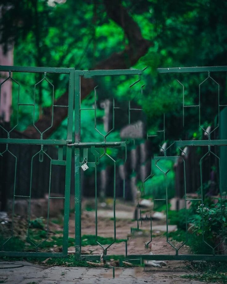 an iron gate in the middle of a dirt path with trees and bushes behind it