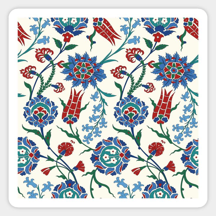 an ornate floral pattern with blue and red flowers