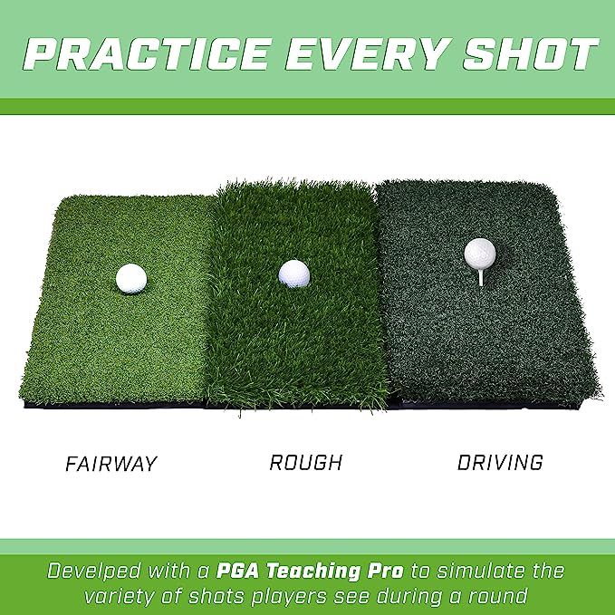 three different types of artificial turf with the words practice every shot and driving on it