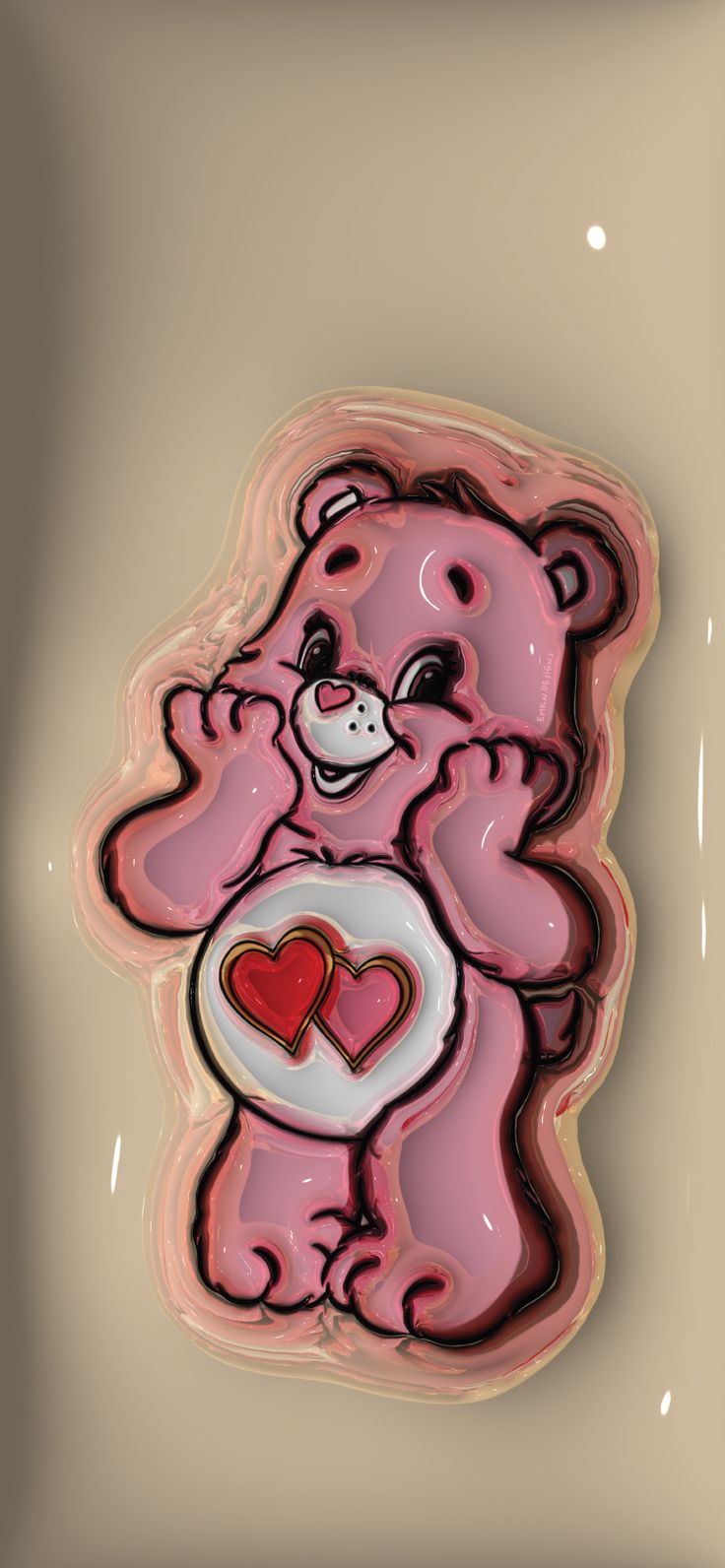 a pink teddy bear with a heart on it's chest holding a white plate