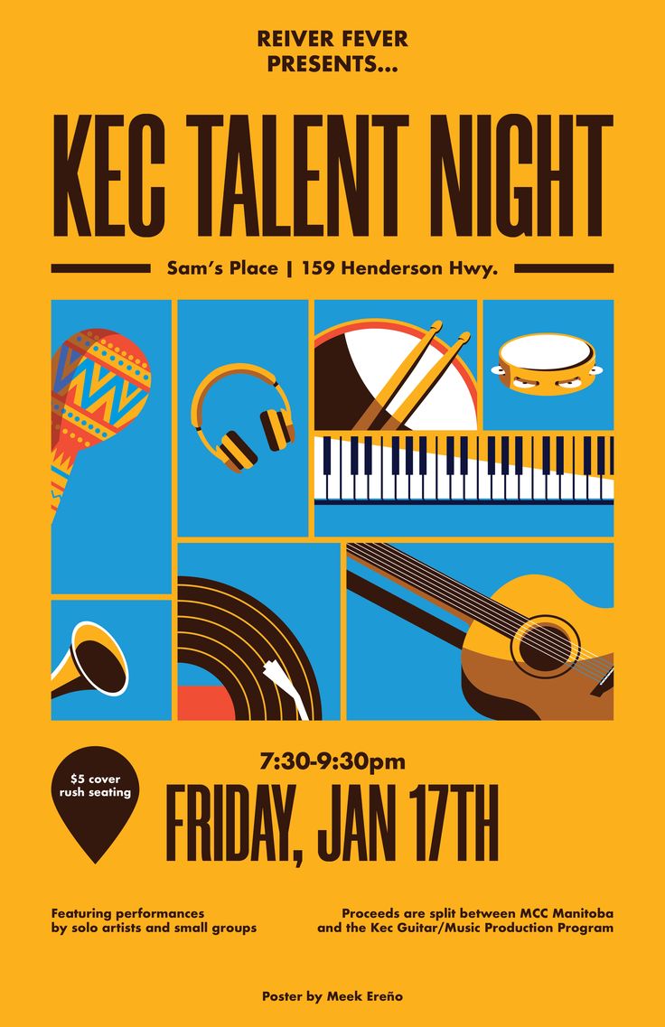 an event poster for kec talent night with instruments and musical instruments on yellow background