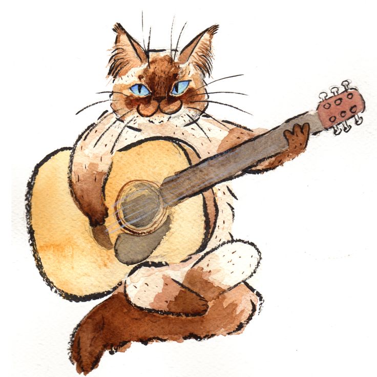a watercolor painting of a cat playing the guitar with its paws and eyes open