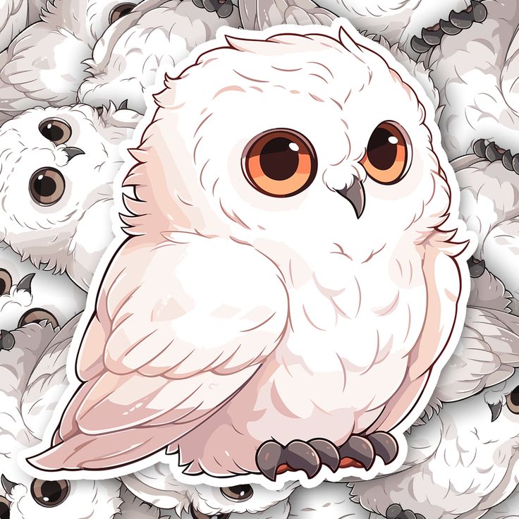 an owl surrounded by white owls with orange eyes and brown beaks, sitting on top of each other