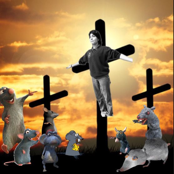 a man standing on top of a wooden cross surrounded by animals and mice in front of a sunset