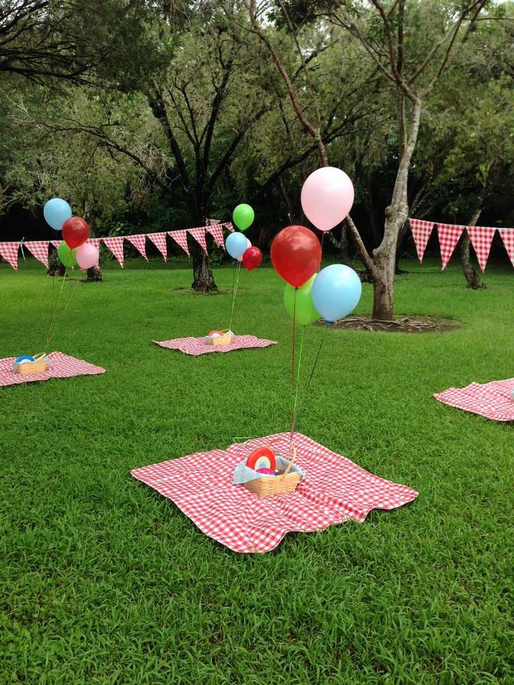 some balloons and picnic blankets in the grass