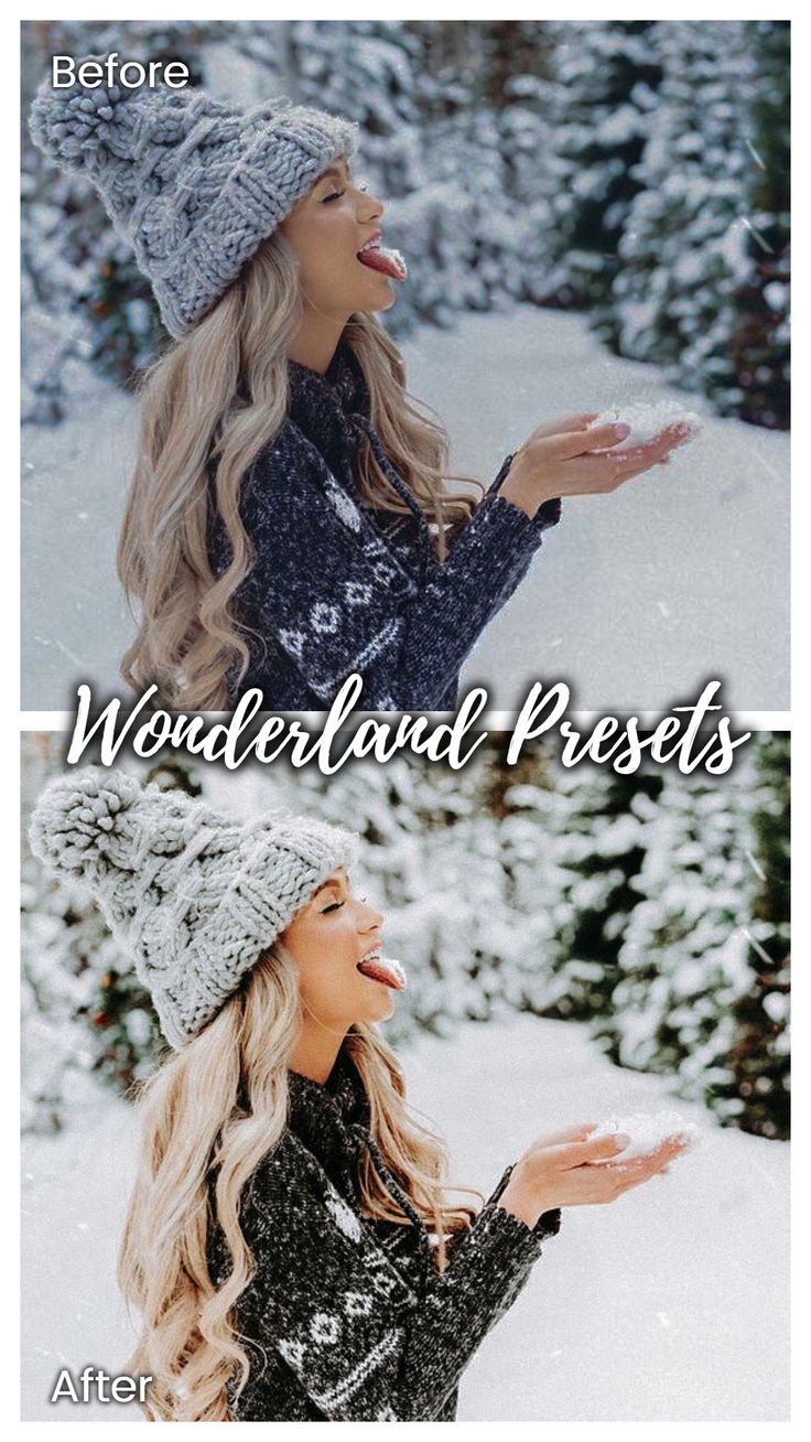 two photos with the words wonderful presets in white and black, one is wearing a