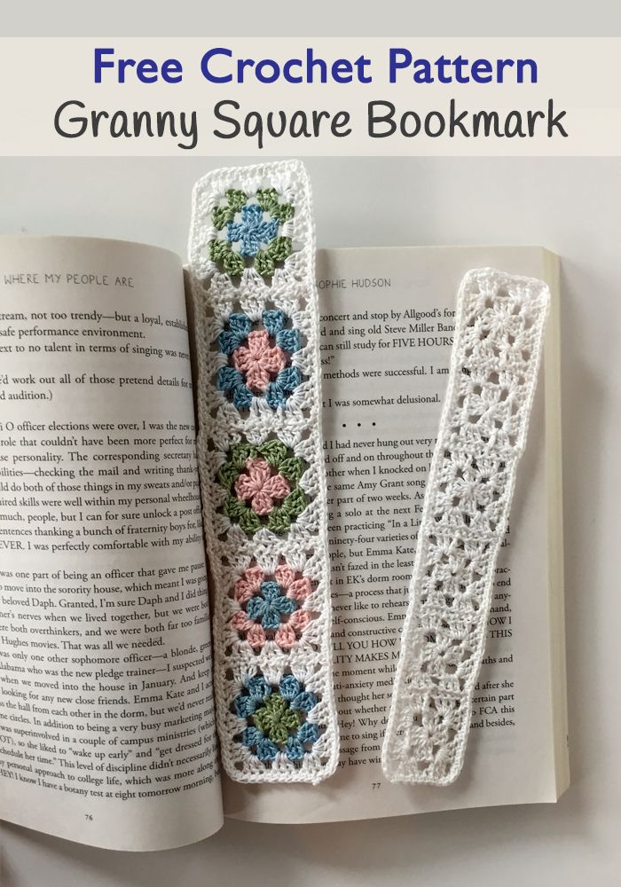 an open book with crochet patterns on it and the title free crochet pattern granny square bookmark