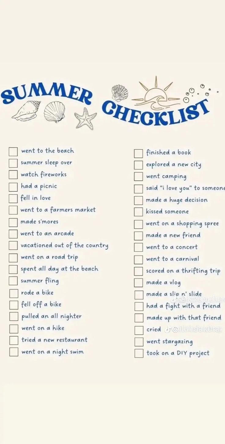 a summer checklist with seashells on it