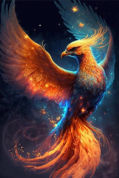 a colorful bird flying through the air with stars on it's wings and tail