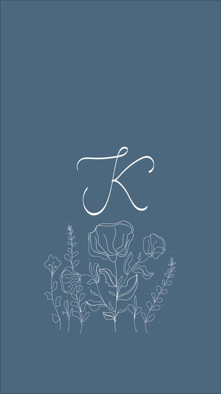 the letter k is surrounded by flowers and leaves on a blue background with white ink