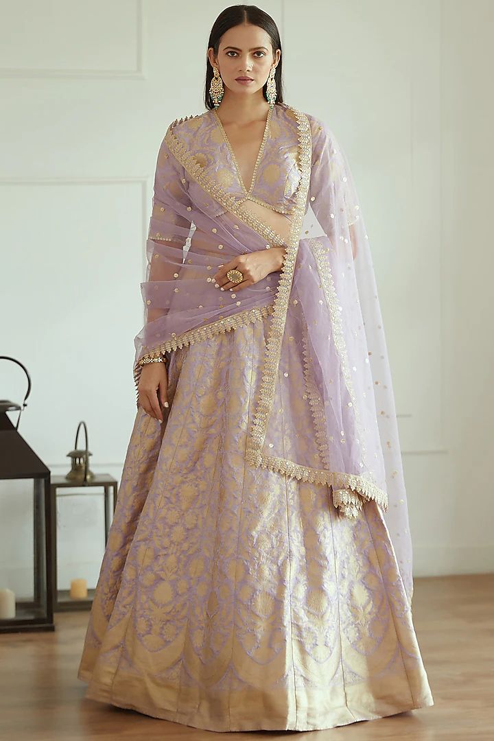 Lavender Banarasi Silk Lehenga Set Design by Studio Iris at Pernia's Pop Up Shop 2022 Studio Iris, Banarasi Lehenga, Vacuum Storage, Indian Wedding Wear, Lehenga Blouse, Dupion Silk, Silk Lehenga, Net Dupatta, Brown Girl