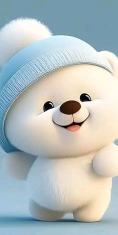 a white teddy bear with a blue hat on its head and arms in the air