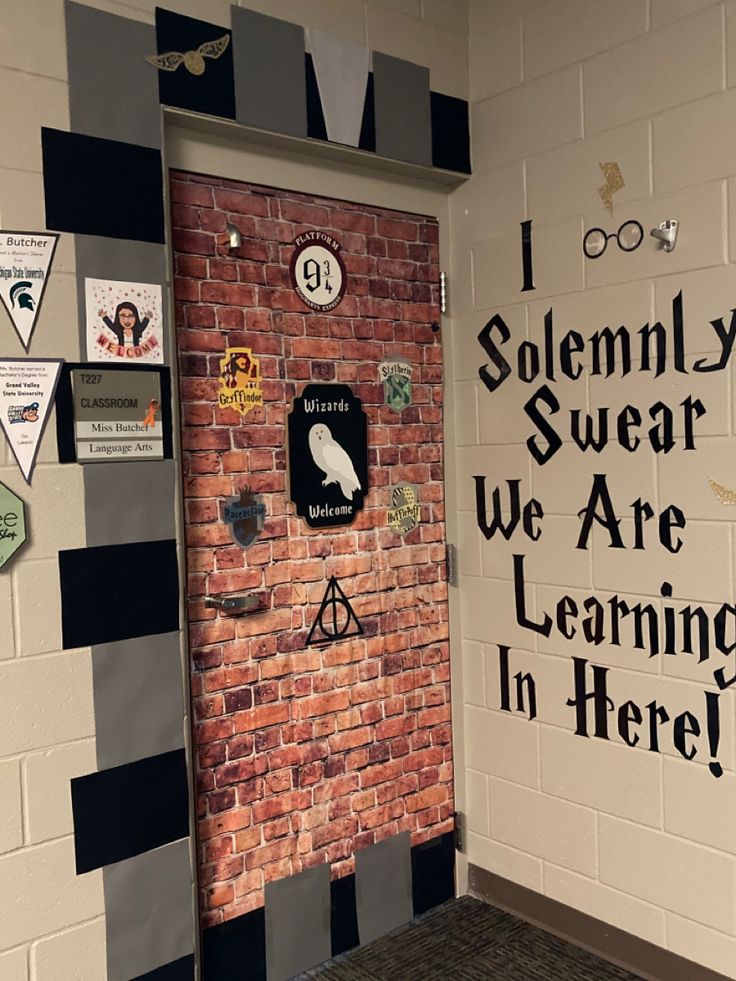 a classroom door decorated with harry potter symbols and the words i solemnly swear we are learning in here