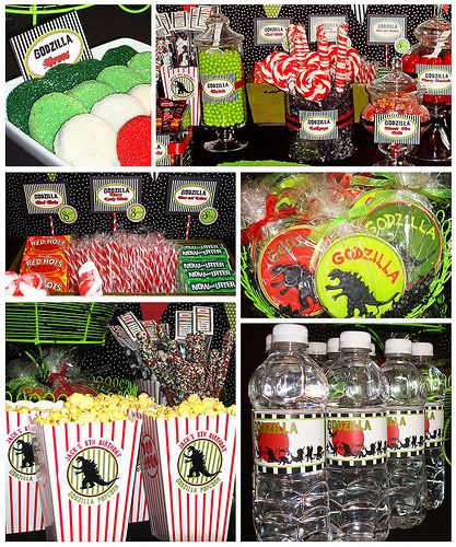 a collage of pictures with candy, candies and other items on display at a party