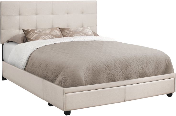 a bed with a white headboard and two drawers on it's bottom shelf