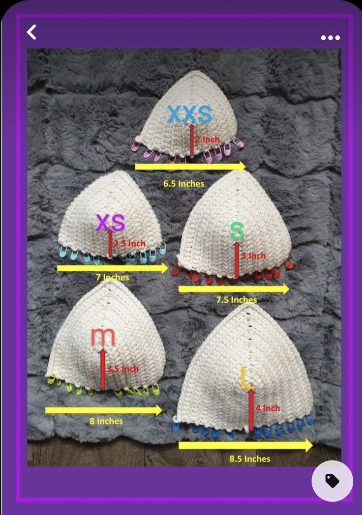 four crocheted hats are shown with the measurements for each item in front of them