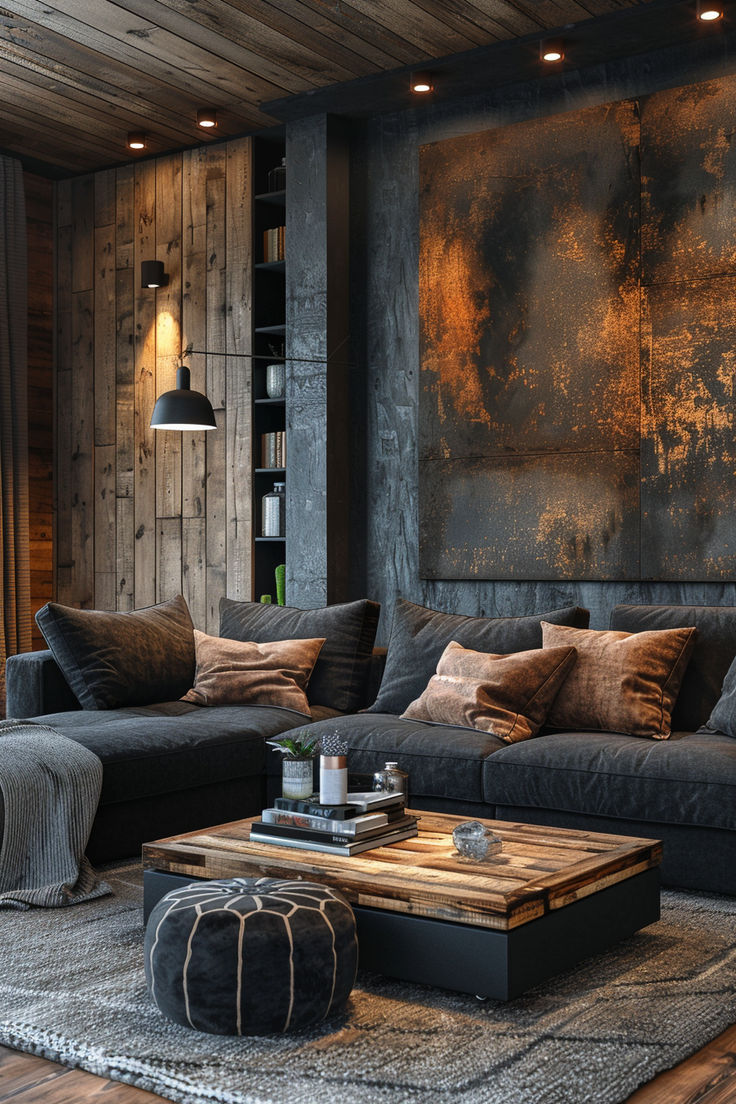 black and brown living room, dark living room, modern living room,living room decor, living room inspiration Bronze House Decor, Black Living Room Area Rugs, Black Wood Decor Living Room, Industrial Black Living Room, Black Woodwork Living Room, Black Wall House, Rustic Home Furniture, Wood Black Green Interior, Lounge With Black Leather Sofa