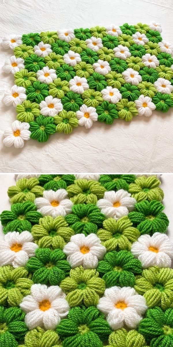 crocheted rugs with white flowers and green leaves are shown in two different views